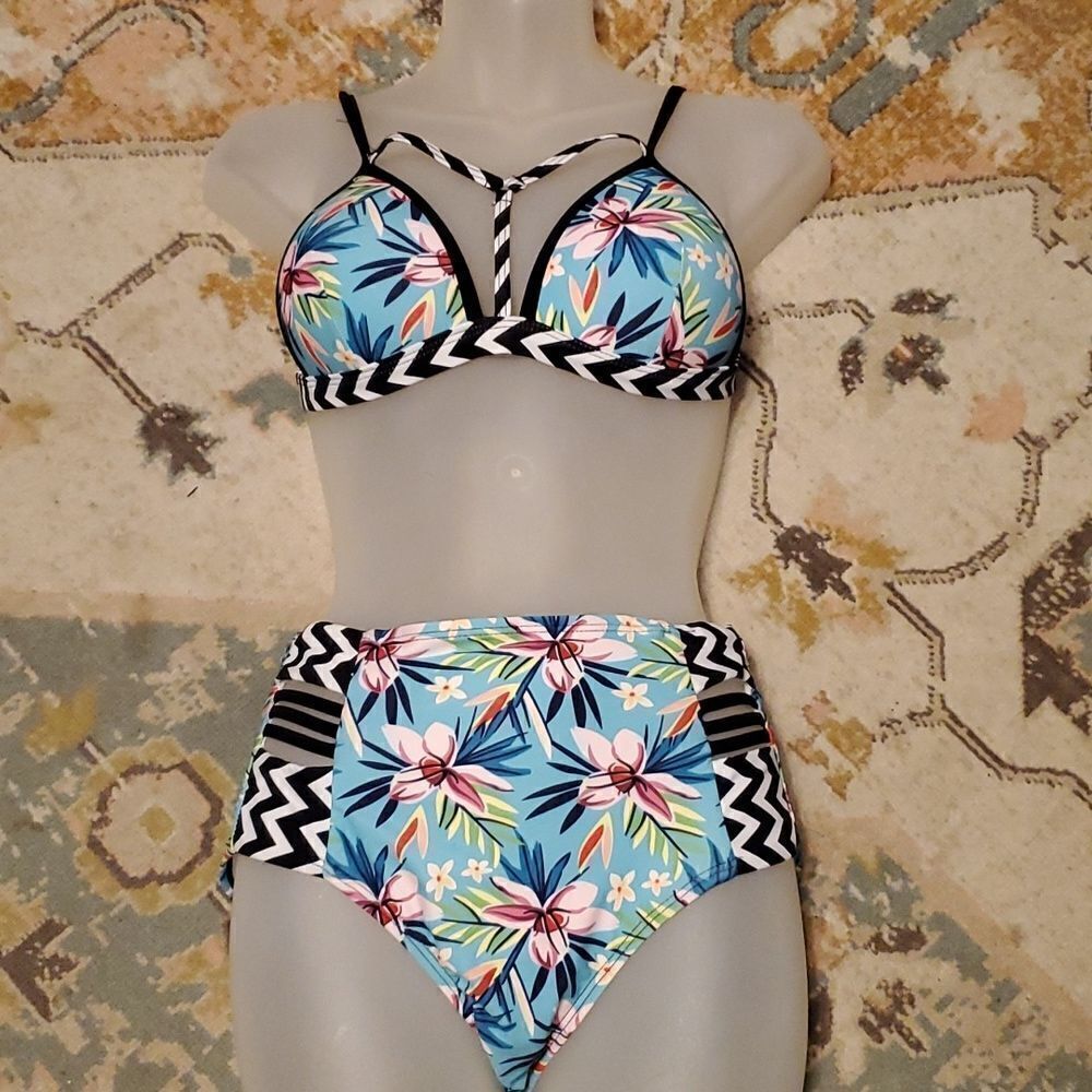 Tinpia Womens Green Floral Swimwear High Waist Bikini Bandage Swimsuit - Picture 2 of 6